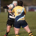 Emily Scott tackled by Laura Keates. Worcester v Thurrock T-Birds at Sixways, Worcester on 16th December 2012.