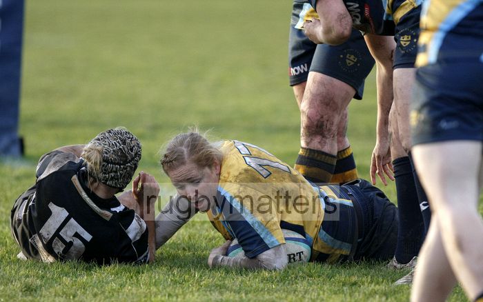 Darel Poole grounds the ball to score a try. Worcester v Thurrock T-Birds at Sixways, Worcester on 16th December 2012.
