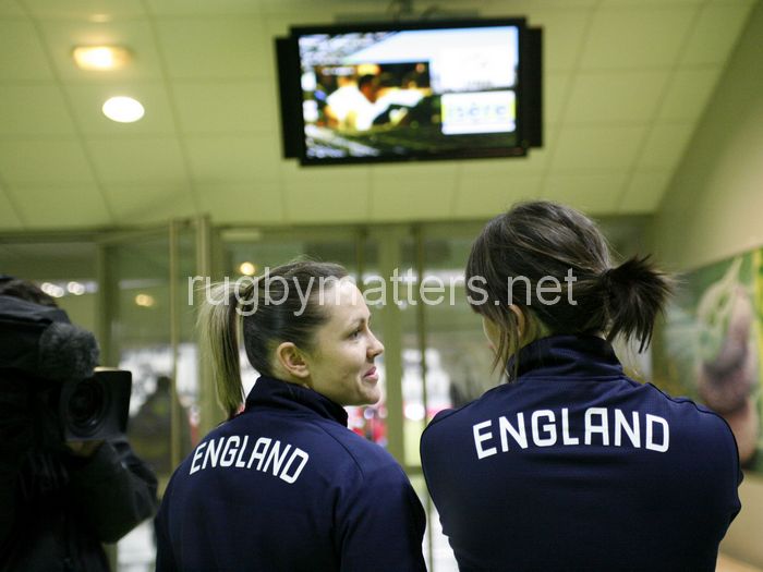 Marlie Packer and Katy McLean watch their male counterparts in action. France Women v England Women in the Six Nations 2014 at Stade des Alpes, Grenoble, France on Saturday 1st February 2014, kick off 2055