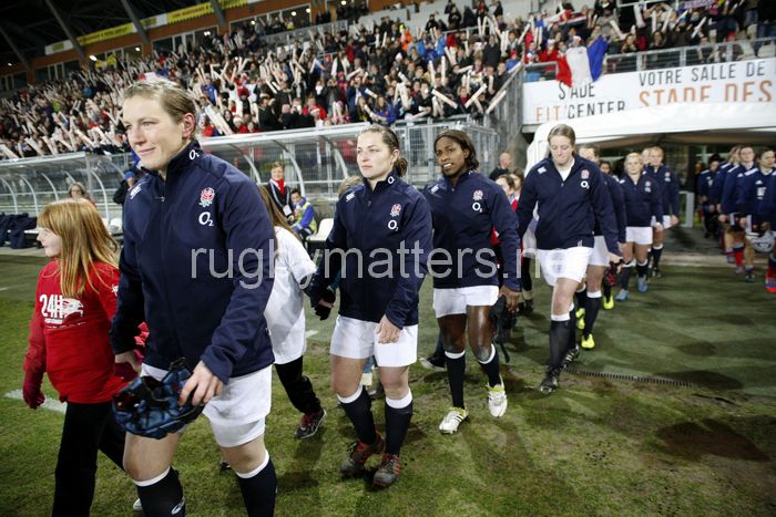 The teams walk onto the pitch. France Women v England Women in the Six Nations 2014 at Stade des Alpes, Grenoble, France on Saturday 1st February 2014, kick off 2055