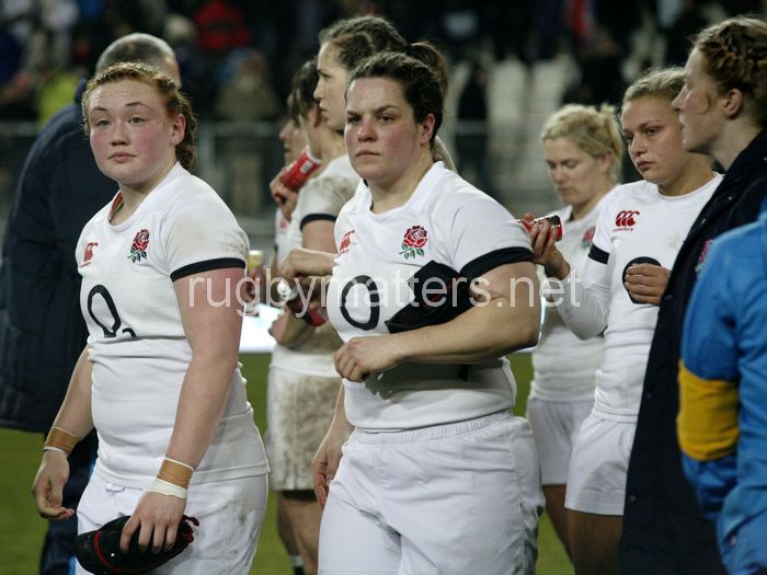 Laura Keates and Clair Purdy leave the field dejected after the loss. France Women v England Women in the Six Nations 2014 at Stade des Alpes, Grenoble, France on Saturday 1st February 2014, kick off 2055