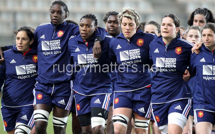 The French squad leave the pitch after their warm up. France Women v England Women in the Six Nations 2014 at Stade des Alpes, Grenoble, France on Saturday 1st February 2014, kick off 2055