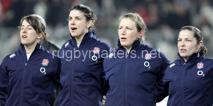 Katy McLean, Sarah Hunter, Rochelle Clark and Emma Croker during the Anthem; France Women v England Women in the Six Nations 2014 at Stade des Alpes, Grenoble, France on Saturday 1st February 2014, kick off 2055