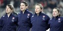 Katy McLean, Sarah Hunter, Rochelle Clark and Emma Croker during the Anthem; France Women v England Women in the Six Nations 2014 at Stade des Alpes, Grenoble, France on Saturday 1st February 2014, kick off 2055