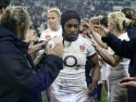 Maggie Alphonsi and Michaela Staniford leave the pitch dejected as England lose. France Women v England Women in the Six Nations 2014 at Stade des Alpes, Grenoble, France on Saturday 1st February 2014, kick off 2055