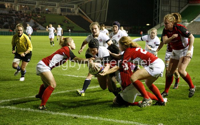 Sophie Hemming charges for the line to score the first of two tries on the night. England Women v Canada Women at Twickenham Stoop, Twickenham, England on 13th November 2013 ko 1900