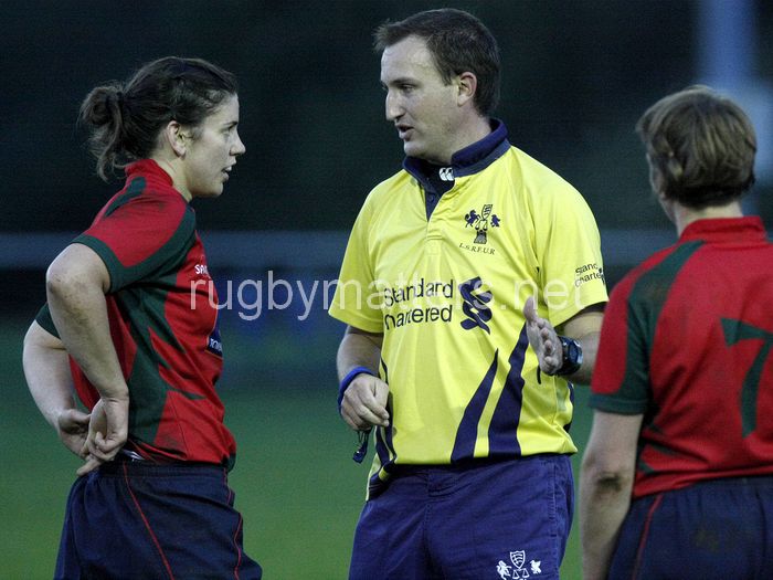 Referee talks to Sarah Hunter before showing a yellow card to Kaz Harris. Aylesford v Lichfield at Jack Williams Ground, Hall Rd, Aylesford on 12th October 2013, ko 17.30