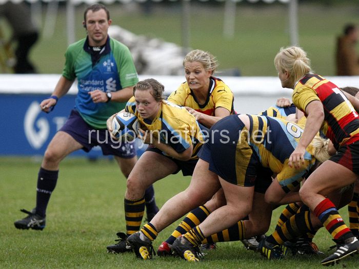 Jenny Mills tackled by Abi Chamberlain. Richmond v Worcester at The Athletic Ground, Twickenham Road, Richmond on 15th September 2013, KO 1500. Richmond 26-12 Worcester.
