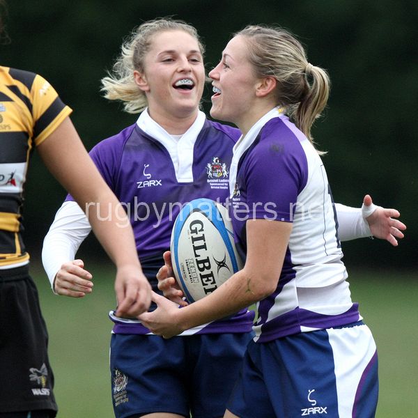 Becky Hughes celebrates with Katie Mason on scoring her try. Wasps v Bristol at Twyford Avenue, Acton, London, England on 17th November 2013 ko 1400