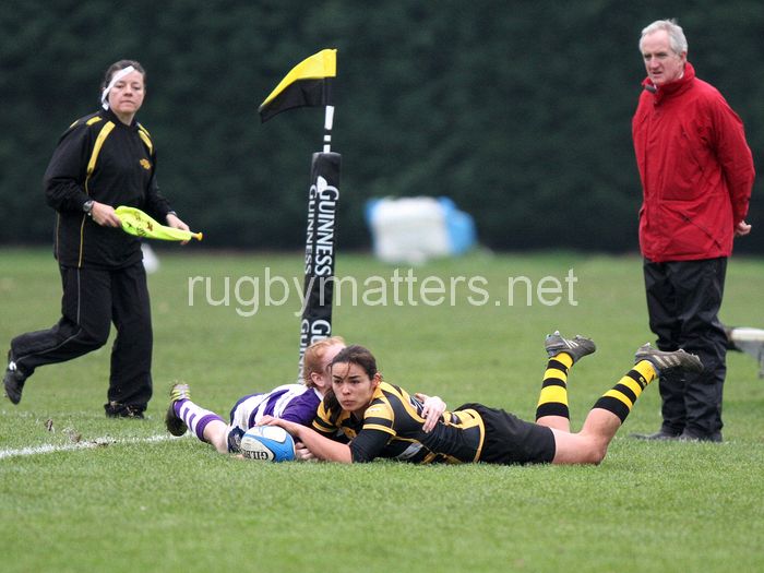 Hannah Edwards grounds the ball to score a try. Wasps v Bristol at Twyford Avenue, Acton, London, England on 17th November 2013 ko 1400