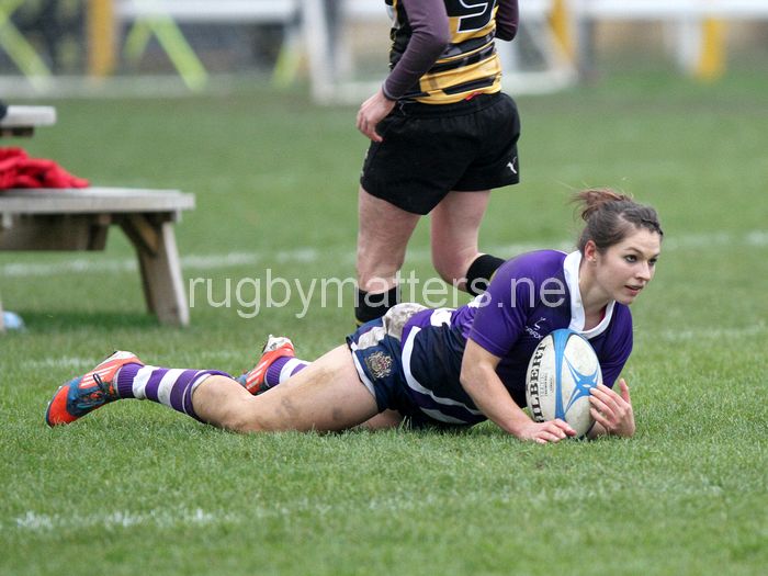 Amy Wilson-Hardy grounds the ball to score a try. Wasps v Bristol at Twyford Avenue, Acton, London, England on 17th November 2013 ko 1400