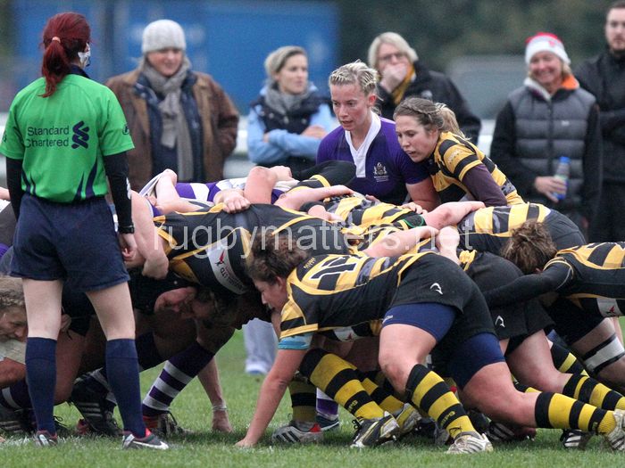 Sian Moore and Tina Lee at a scrum, but whats going on in the background? Wasps v Bristol at Twyford Avenue, Acton, London, England on 17th November 2013 ko 1400