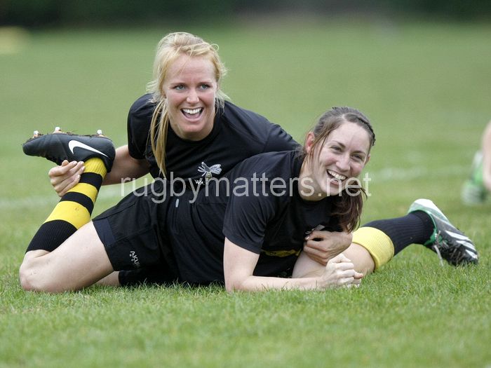 Michaela Staniford and Liz Riley as Wasps warm up pre-match. Wasps v Saracens at Twyford Avenue, London on 22nd September 2013, ko 14.30. Final Score 10-34