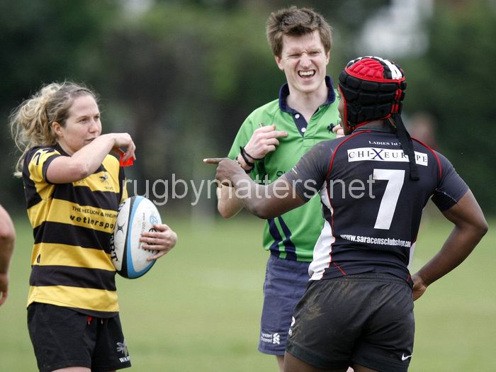 Captains and referee have a chat. Wasps v Saracens at Twyford Avenue, London on 22nd September 2013, ko 14.30. Final Score 10-34