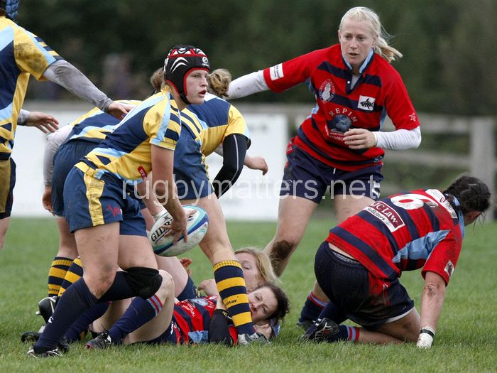 Bianca Blackburn passes the ball from the back of a ruck. Worcester v DMP Sharks at Westons Land Pitches, Sixways, Pershore Lane, Worcester on 27th October 2013 ko 1400