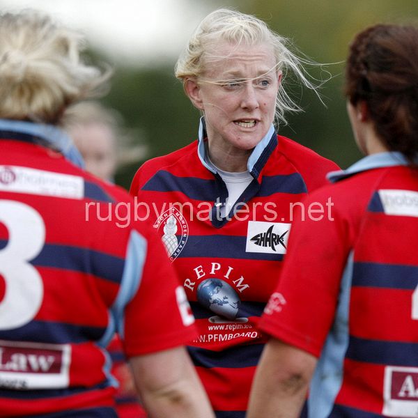 Tamara Taylor talks with team mates during a break in play. Worcester v DMP Sharks at Westons Land Pitches, Sixways, Pershore Lane, Worcester on 27th October 2013 ko 1400