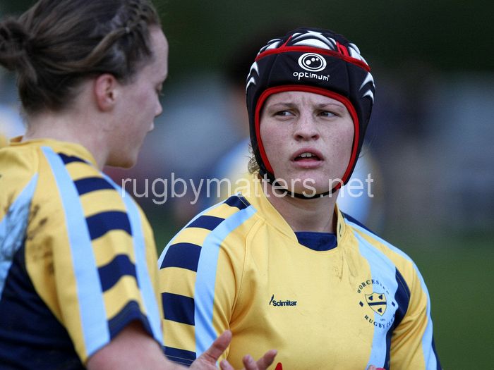 Bianca Blackburn listens to some advice from Jenny Mills. Worcester v DMP Sharks at Westons Land Pitches, Sixways, Pershore Lane, Worcester on 27th October 2013 ko 1400