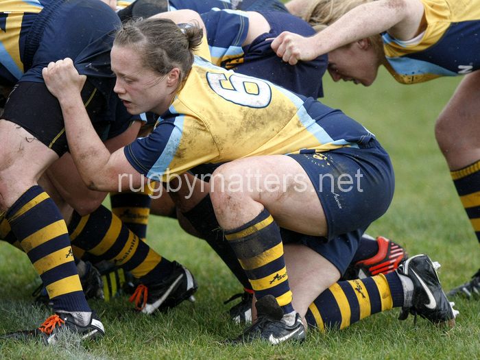 Jenny Mills at a scrum. Worcester v DMP Sharks at Westons Land Pitches, Sixways, Pershore Lane, Worcester on 27th October 2013 ko 1400
