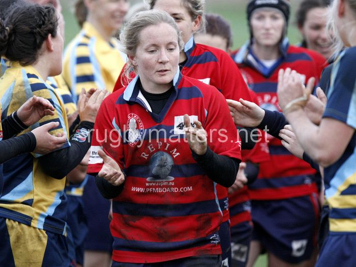 Georgina Roberts leads DMP Sharks from the field after the match. Worcester v DMP Sharks at Westons Land Pitches, Sixways, Pershore Lane, Worcester on 27th October 2013 ko 1400